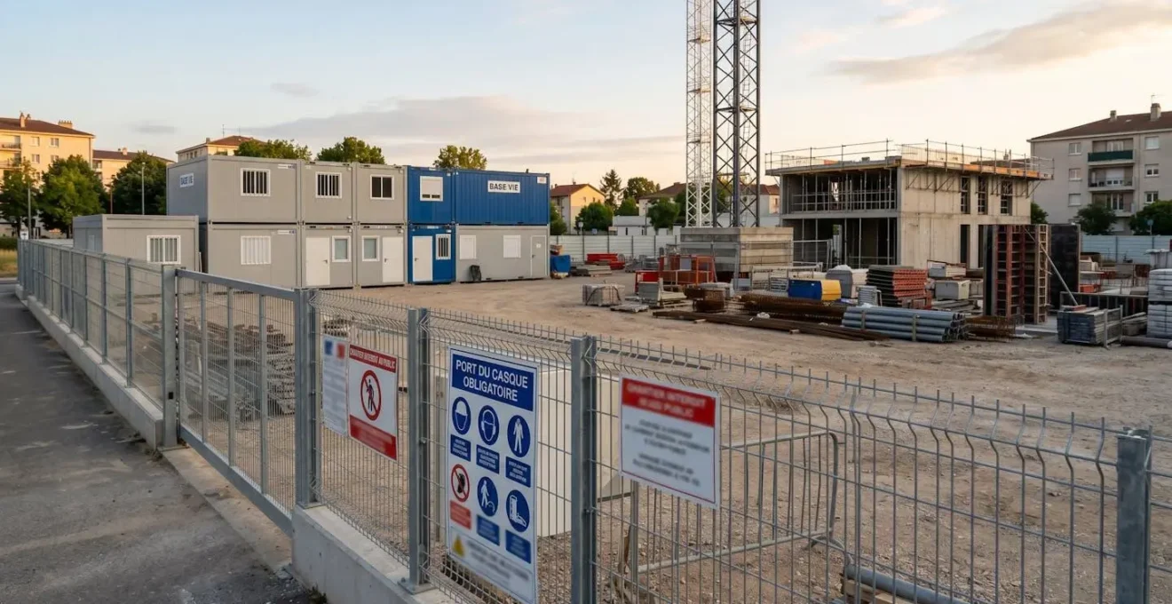 Vue large d'un chantier urbain vide et sécurisé avec périmètre clôturé, panneaux de signalisation installés et container de vestiaire visible en arrière-plan