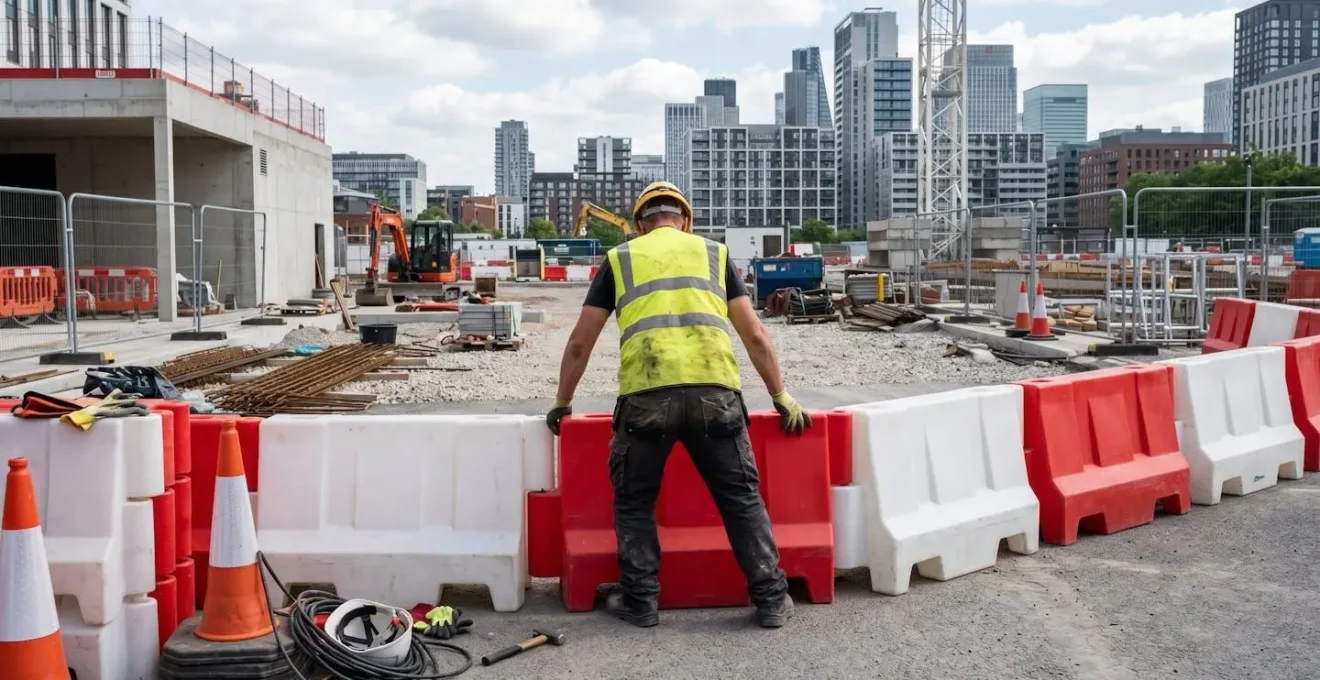 Un ouvrier en gilet haute visibilité vu de dos installe des barrières de sécurité sur un chantier urbain en phase de préparation