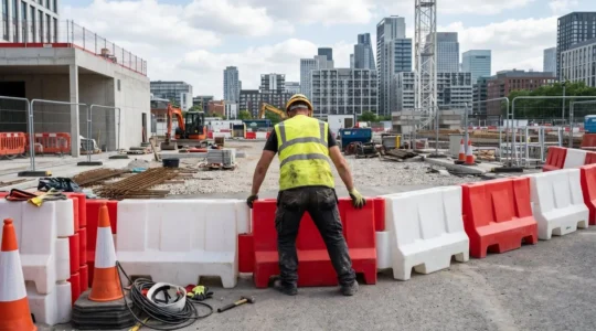 Un ouvrier en gilet haute visibilité vu de dos installe des barrières de sécurité sur un chantier urbain en phase de préparation