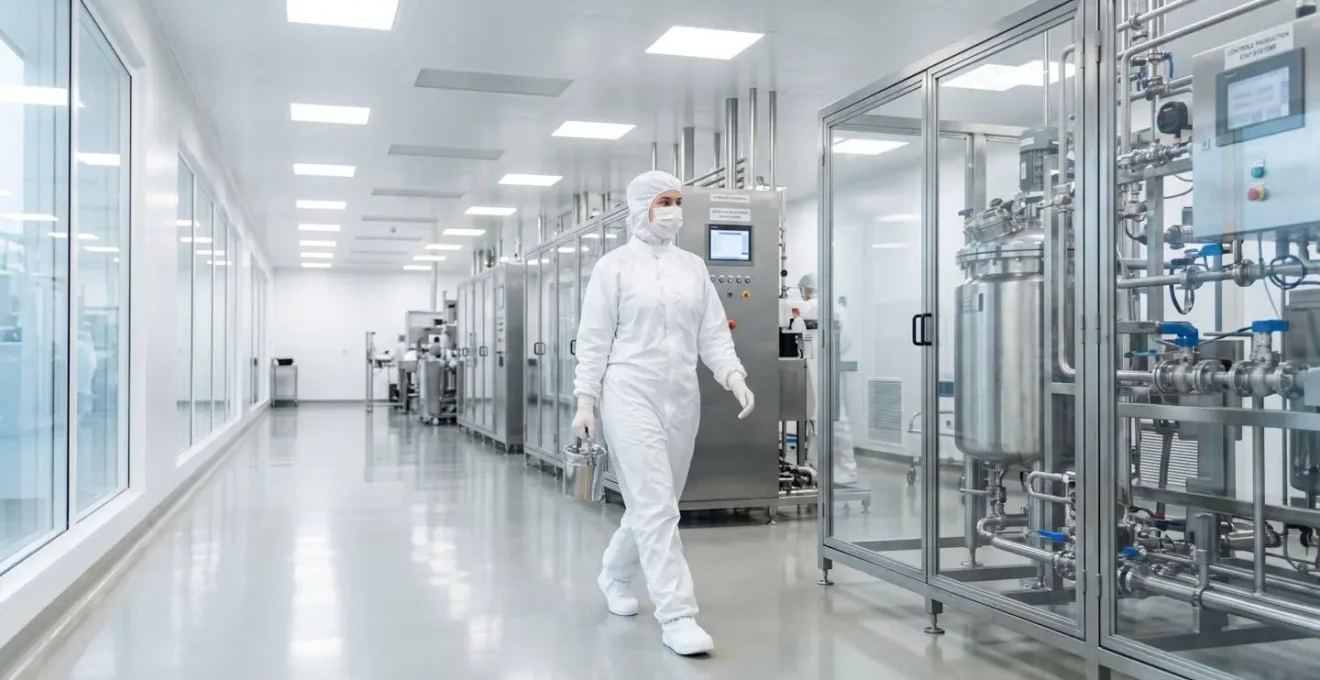 Un opérateur en tenue stérile complète traverse une salle de production pharmaceutique aux murs blancs immaculés et à l'éclairage LED uniforme