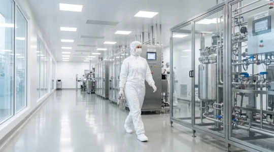 Un opérateur en tenue stérile complète traverse une salle de production pharmaceutique aux murs blancs immaculés et à l'éclairage LED uniforme